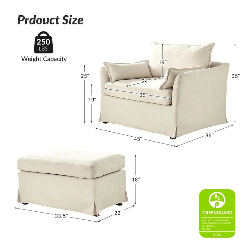 Sophie Modern Oversized Slipcovered Armchair and Ottoman with Lockable Rear Wheels by HULALA HOME