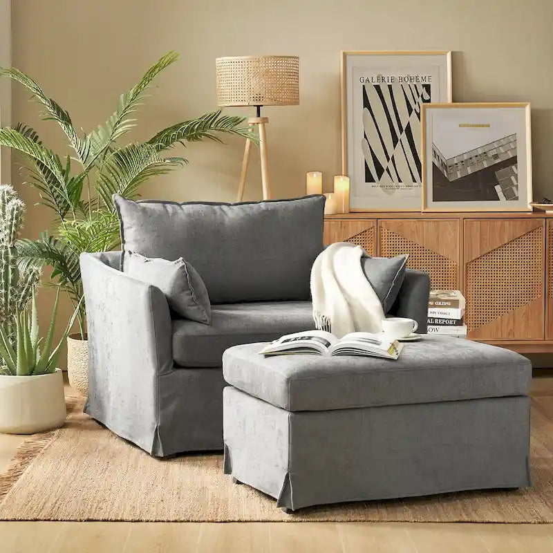 Sophie Modern Oversized Slipcovered Armchair and Ottoman with Lockable Rear Wheels by HULALA HOME