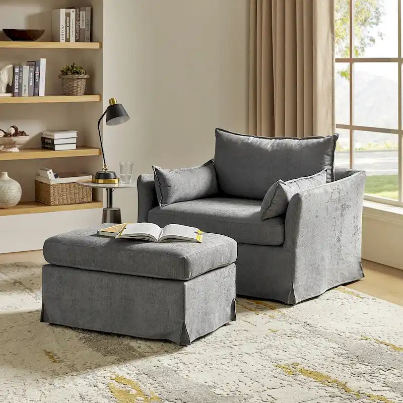 Sophie Modern Oversized Slipcovered Armchair and Ottoman with Lockable Rear Wheels by HULALA HOME