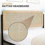 Wooden Metal Platform Bed Frame With Rattan Headboard