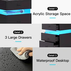3 Drawers Nightstand Acrylic LED Light Charging Station
