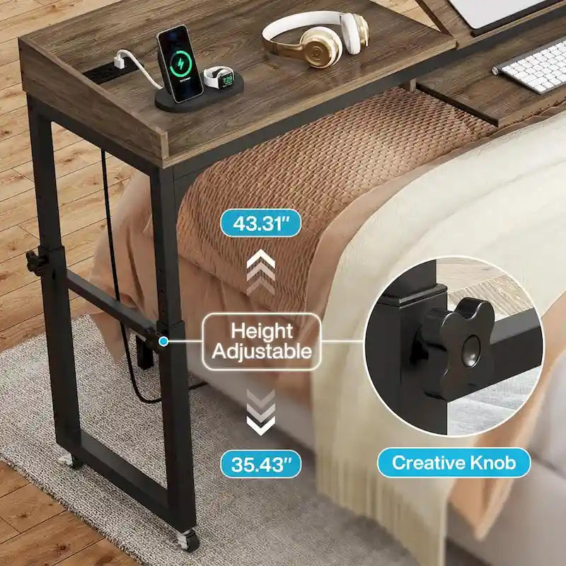 Height Adjustable Overbed Table with Wheels, Mobile Laptop Cart with Outlets & USB Ports