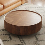 Mid-Century Modern Round Walnut Wood Coffee Table for Small Spaces & Apartments