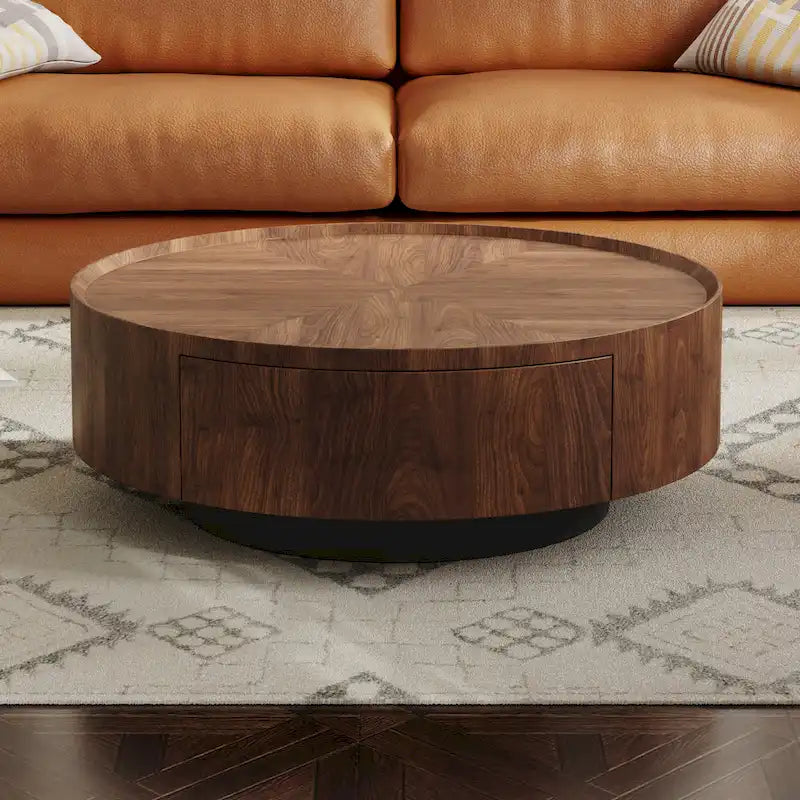 Mid-Century Modern Round Walnut Wood Coffee Table for Small Spaces & Apartments