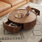 Mid-Century Modern Round Walnut Wood Coffee Table for Small Spaces & Apartments