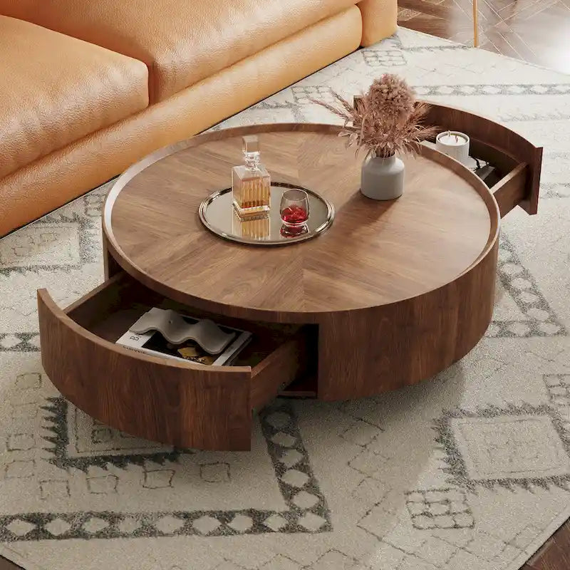 Mid-Century Modern Round Walnut Wood Coffee Table for Small Spaces & Apartments