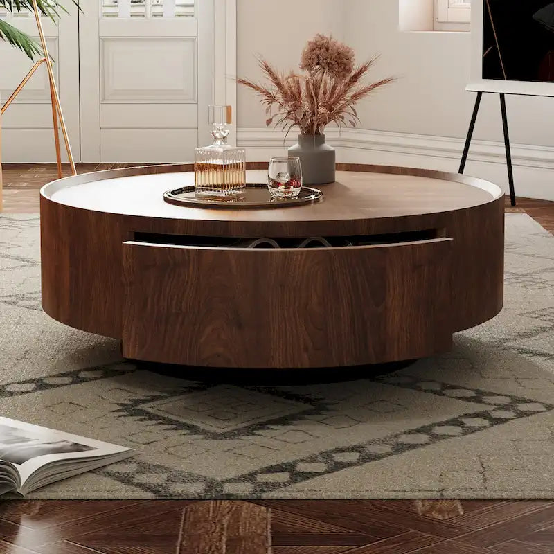 Mid-Century Modern Round Walnut Wood Coffee Table for Small Spaces & Apartments
