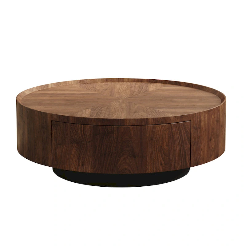 Mid-Century Modern Round Walnut Wood Coffee Table for Small Spaces & Apartments