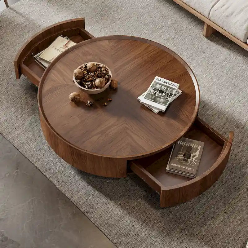 Mid-Century Modern Round Walnut Wood Coffee Table for Small Spaces & Apartments