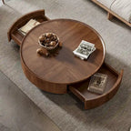 Mid-Century Modern Round Walnut Wood Coffee Table for Small Spaces & Apartments