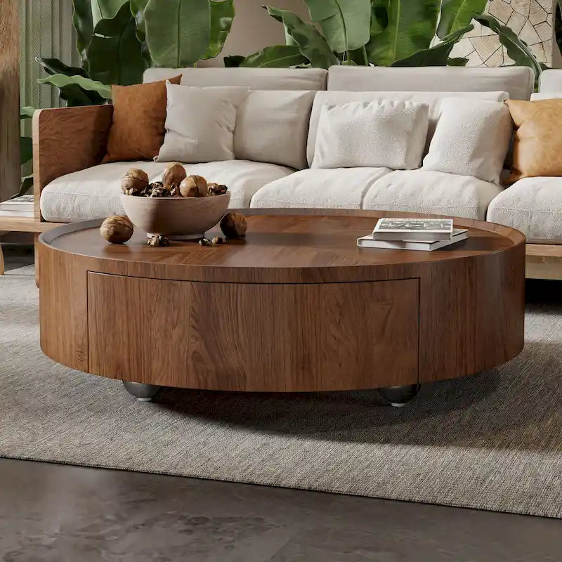 Mid-Century Modern Round Walnut Wood Coffee Table for Small Spaces & Apartments