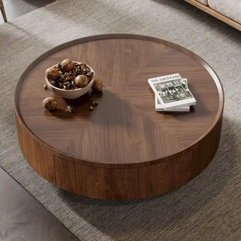 Mid-Century Modern Round Walnut Wood Coffee Table for Small Spaces & Apartments