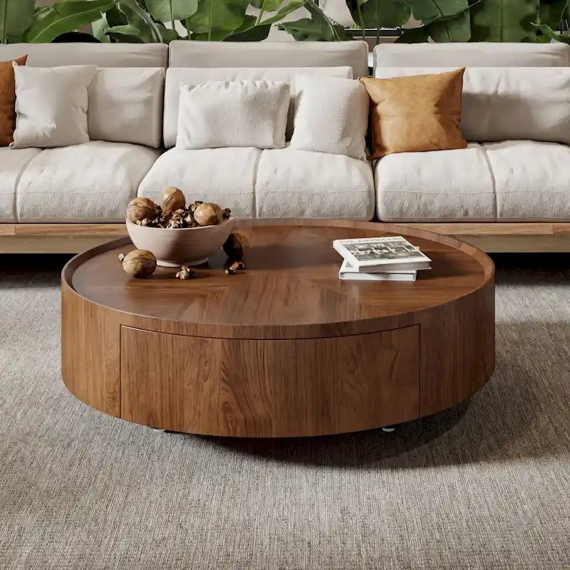 Mid-Century Modern Round Walnut Wood Coffee Table for Small Spaces & Apartments