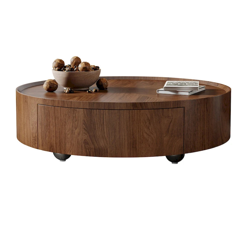Mid-Century Modern Round Walnut Wood Coffee Table for Small Spaces & Apartments