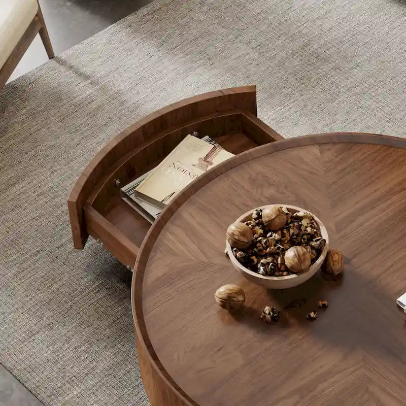 Mid-Century Modern Round Walnut Wood Coffee Table for Small Spaces & Apartments