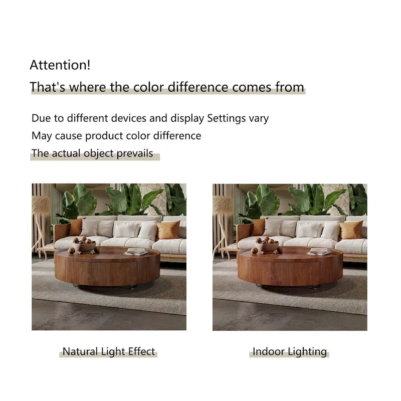 Mid-Century Modern Round Walnut Wood Coffee Table for Small Spaces & Apartments