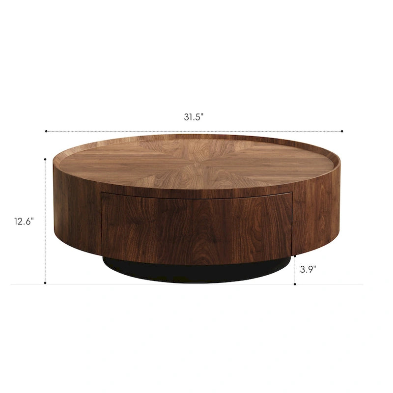 Mid-Century Modern Round Walnut Wood Coffee Table for Small Spaces & Apartments
