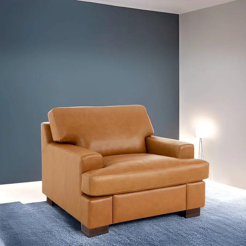 Genuine Leather Accent Chair - Luxurious Comfort Goose Feather Cushion Filling Square Arm Design Sturdy Block Legs