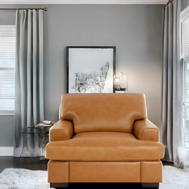 Genuine Leather Accent Chair - Luxurious Comfort Goose Feather Cushion Filling Square Arm Design Sturdy Block Legs