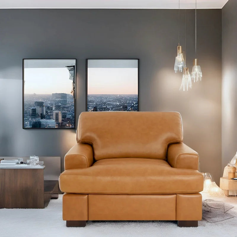 Genuine Leather Accent Chair - Luxurious Comfort Goose Feather Cushion Filling Square Arm Design Sturdy Block Legs