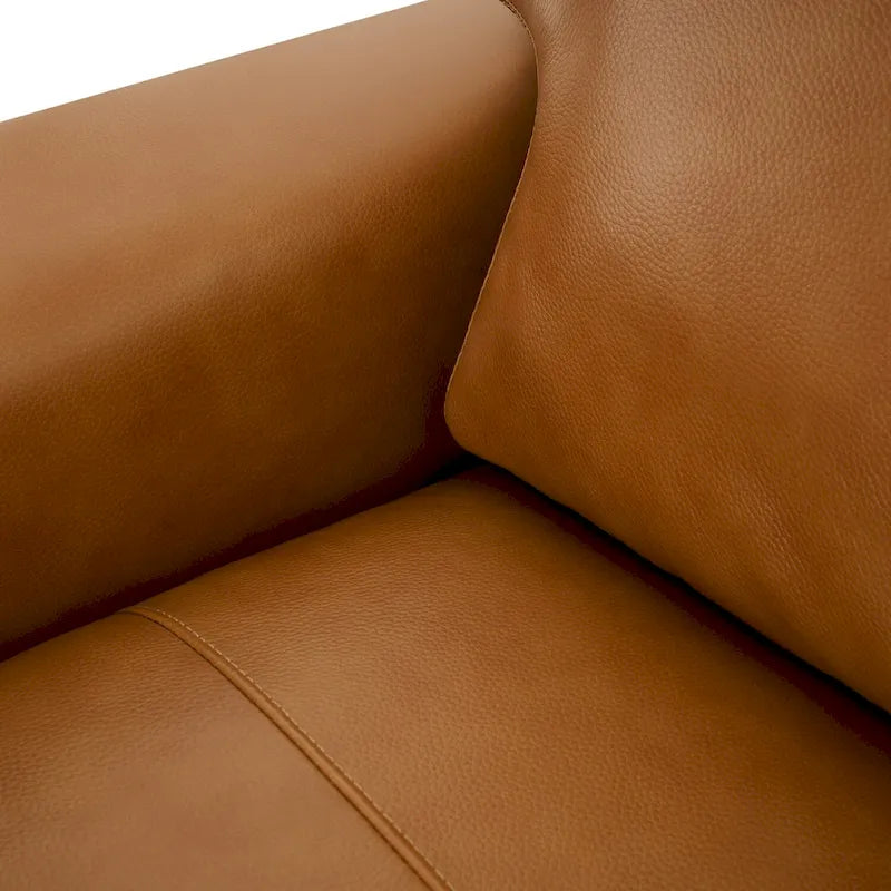 Genuine Leather Accent Chair - Luxurious Comfort Goose Feather Cushion Filling Square Arm Design Sturdy Block Legs