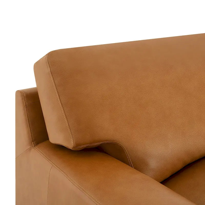 Genuine Leather Accent Chair - Luxurious Comfort Goose Feather Cushion Filling Square Arm Design Sturdy Block Legs