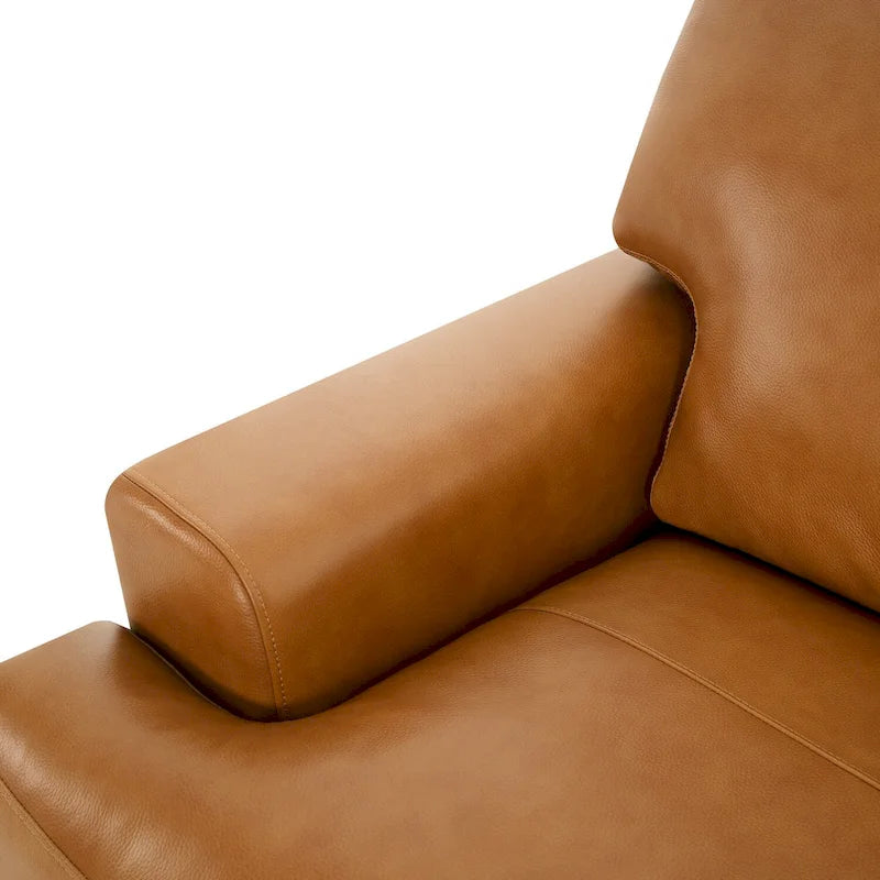 Genuine Leather Accent Chair - Luxurious Comfort Goose Feather Cushion Filling Square Arm Design Sturdy Block Legs