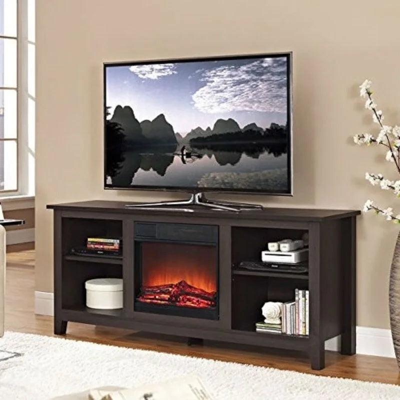 Espresso Wood TV Stand with Electric Fireplace Heater Insert - 16 x 58 x 25 inches