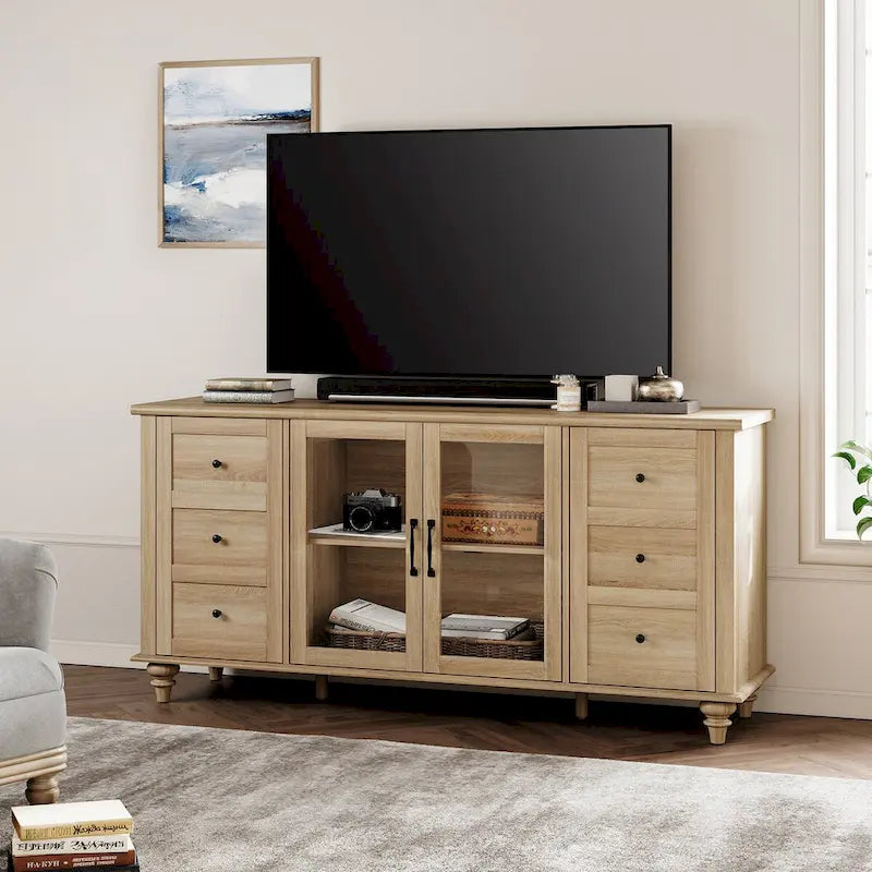 WAMPAT Glass Door Farmhouse TV Stand for TVs Up to 75 inch, Wood Universal TV Console Table