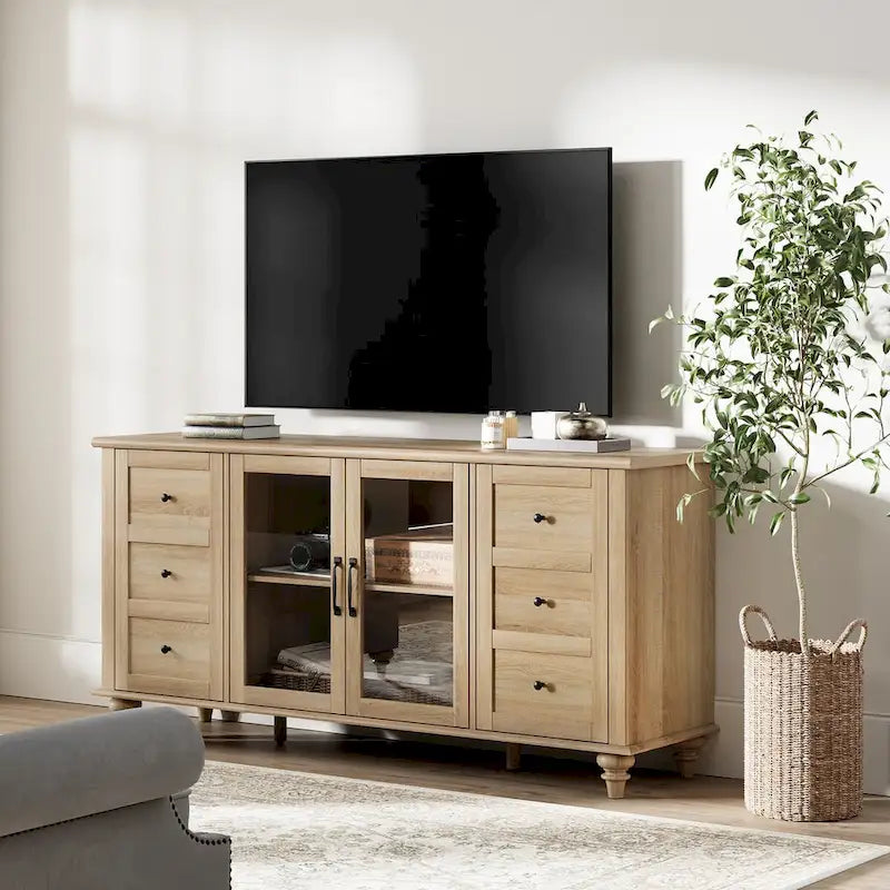WAMPAT Glass Door Farmhouse TV Stand for TVs Up to 75 inch, Wood Universal TV Console Table
