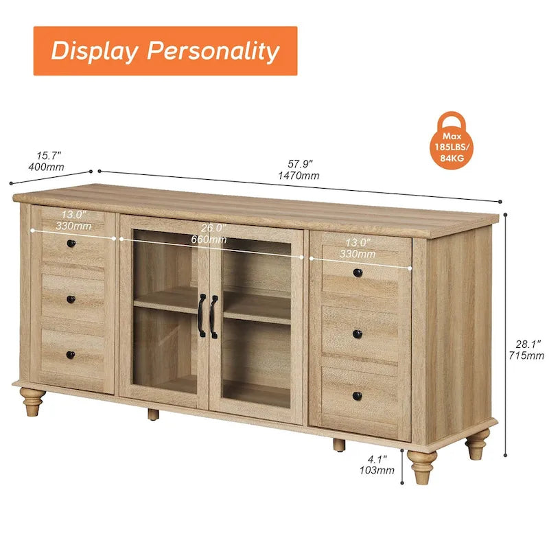 WAMPAT Glass Door Farmhouse TV Stand for TVs Up to 75 inch, Wood Universal TV Console Table