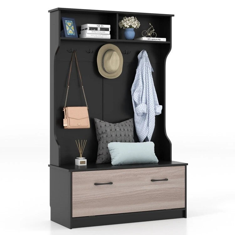 3 in 1 Coat Rack with Entryway Bench and Hooks and Enclosed Cabinet - 39.5 x 16 x 63