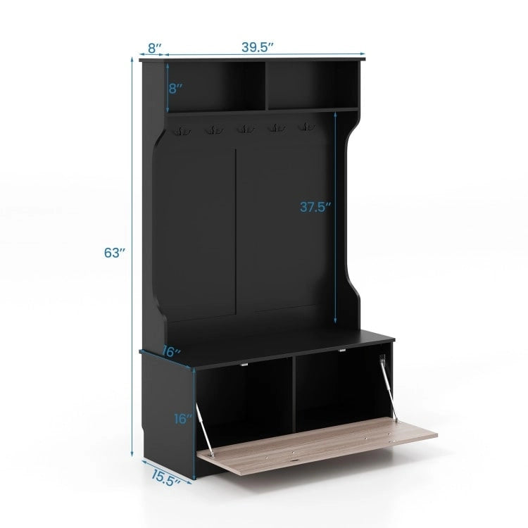 3 in 1 Coat Rack with Entryway Bench and Hooks and Enclosed Cabinet - 39.5 x 16 x 63