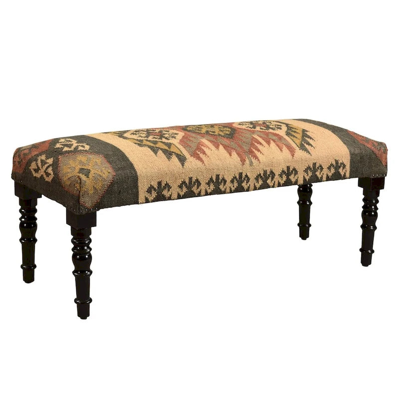 47  Multicolored Southwestern Style Rectangular Bench with Wooden Legs