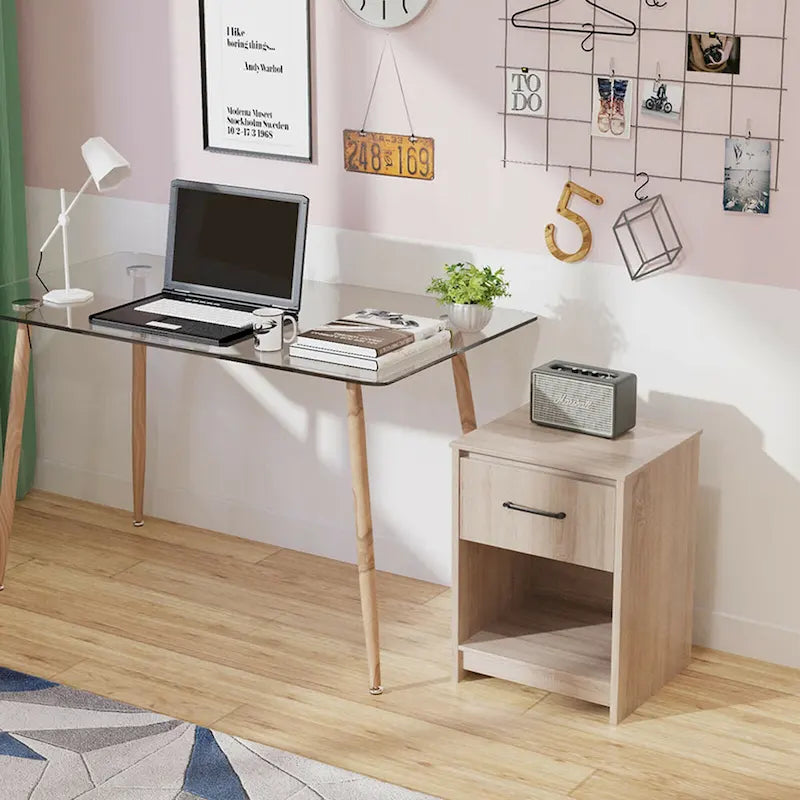 Gymax Nightstand with Drawer Storage Shelf Wooden End Side Table
