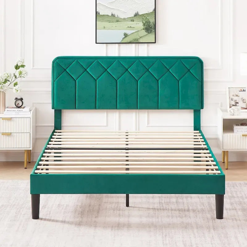 VECELO Upholstered Bed Frame with Adjustable Height Headboard, Twin/Full/Queen Size Beds, Dark Green