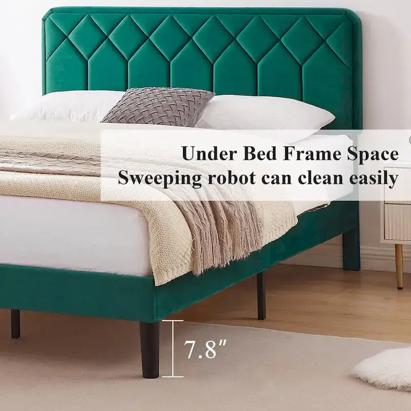 VECELO Upholstered Bed Frame with Adjustable Height Headboard, Twin/Full/Queen Size Beds, Dark Green