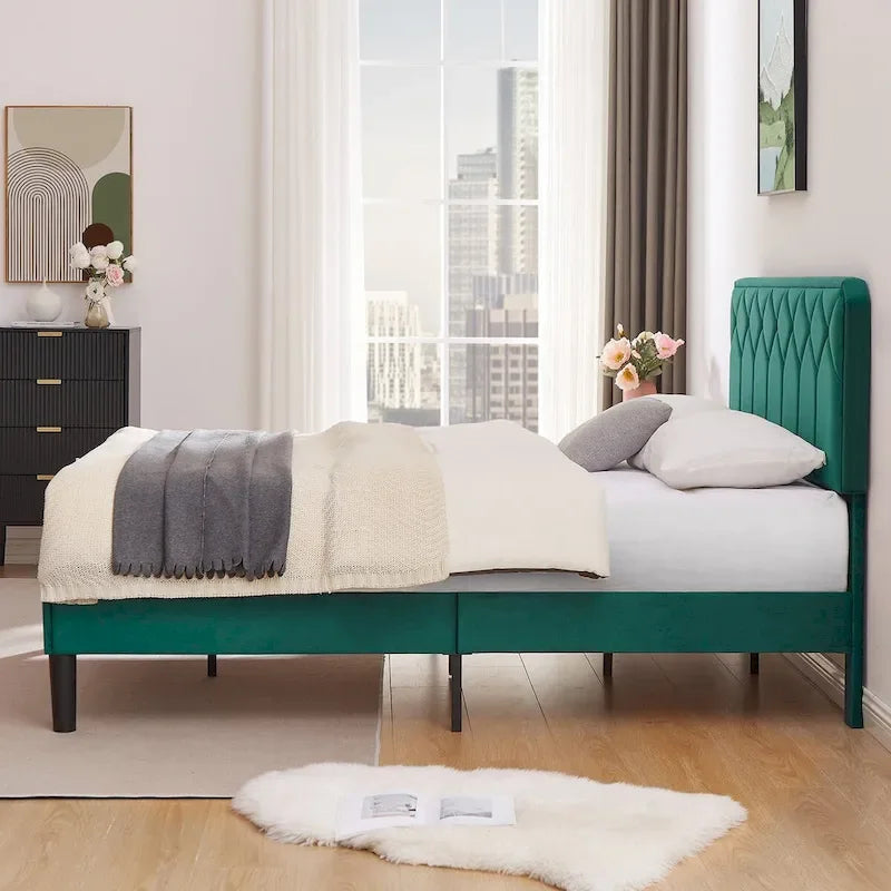 VECELO Upholstered Bed Frame with Adjustable Height Headboard, Twin/Full/Queen Size Beds, Dark Green