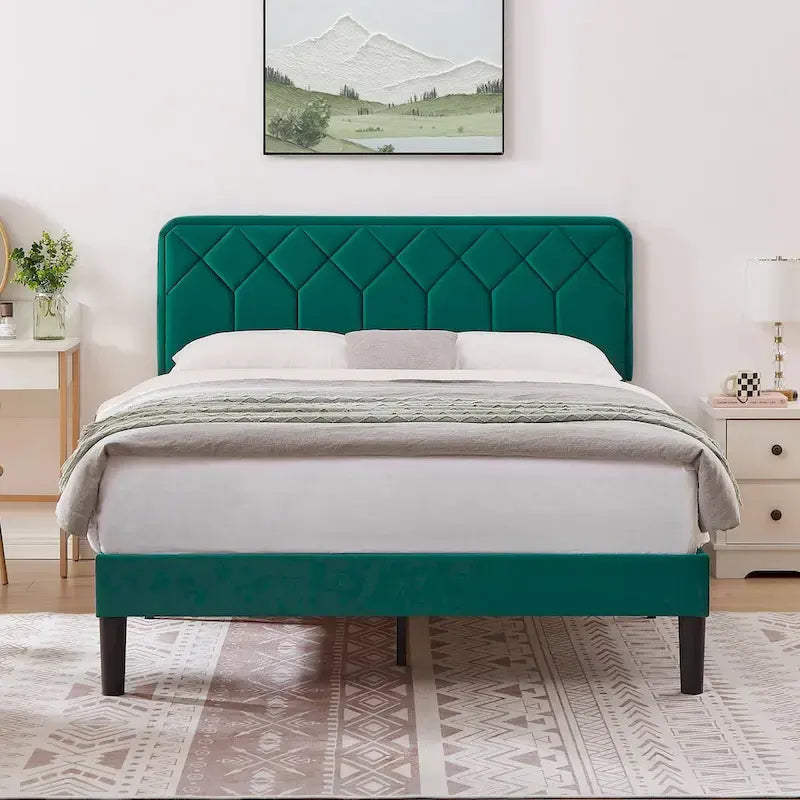 VECELO Upholstered Bed Frame with Adjustable Height Headboard, Twin/Full/Queen Size Beds, Dark Green