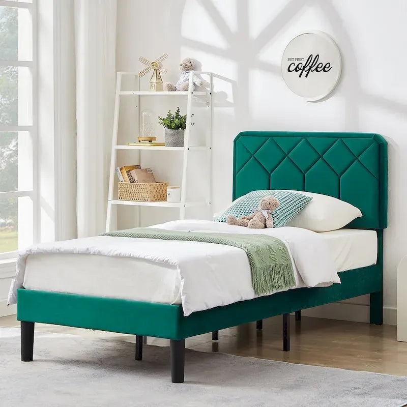 VECELO Upholstered Bed Frame with Adjustable Height Headboard, Twin/Full/Queen Size Beds, Dark Green