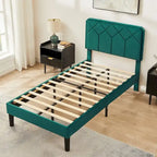 VECELO Upholstered Bed Frame with Adjustable Height Headboard, Twin/Full/Queen Size Beds, Dark Green