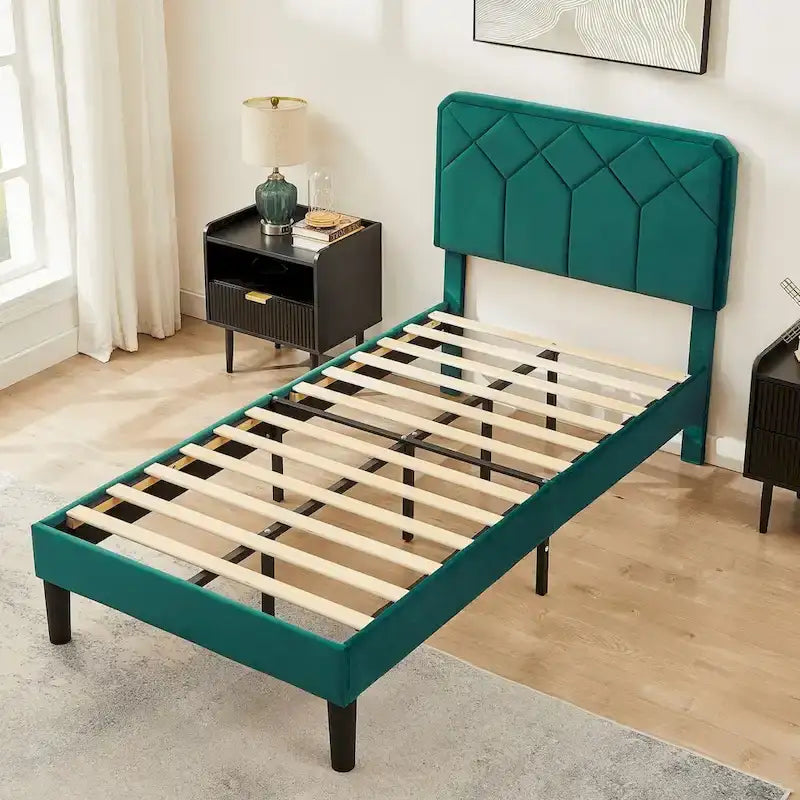 VECELO Upholstered Bed Frame with Adjustable Height Headboard, Twin/Full/Queen Size Beds, Dark Green