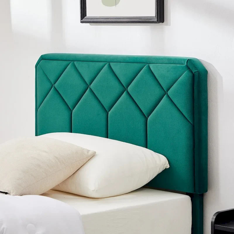 VECELO Upholstered Bed Frame with Adjustable Height Headboard, Twin/Full/Queen Size Beds, Dark Green