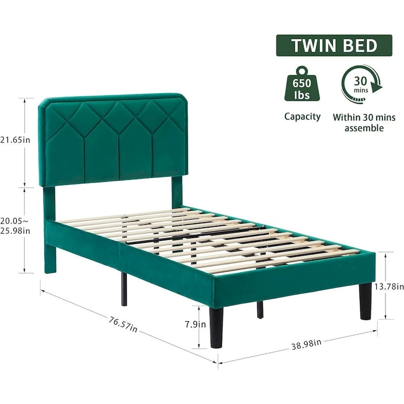 VECELO Upholstered Bed Frame with Adjustable Height Headboard, Twin/Full/Queen Size Beds, Dark Green