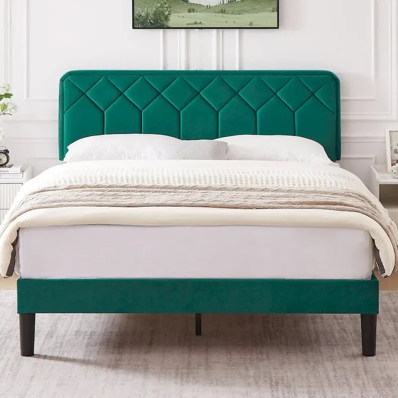 VECELO Upholstered Bed Frame with Adjustable Height Headboard, Twin/Full/Queen Size Beds, Dark Green