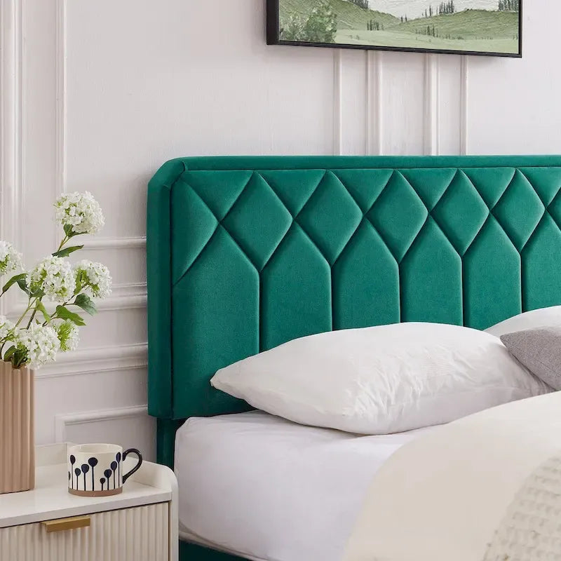 VECELO Upholstered Bed Frame with Adjustable Height Headboard, Twin/Full/Queen Size Beds, Dark Green