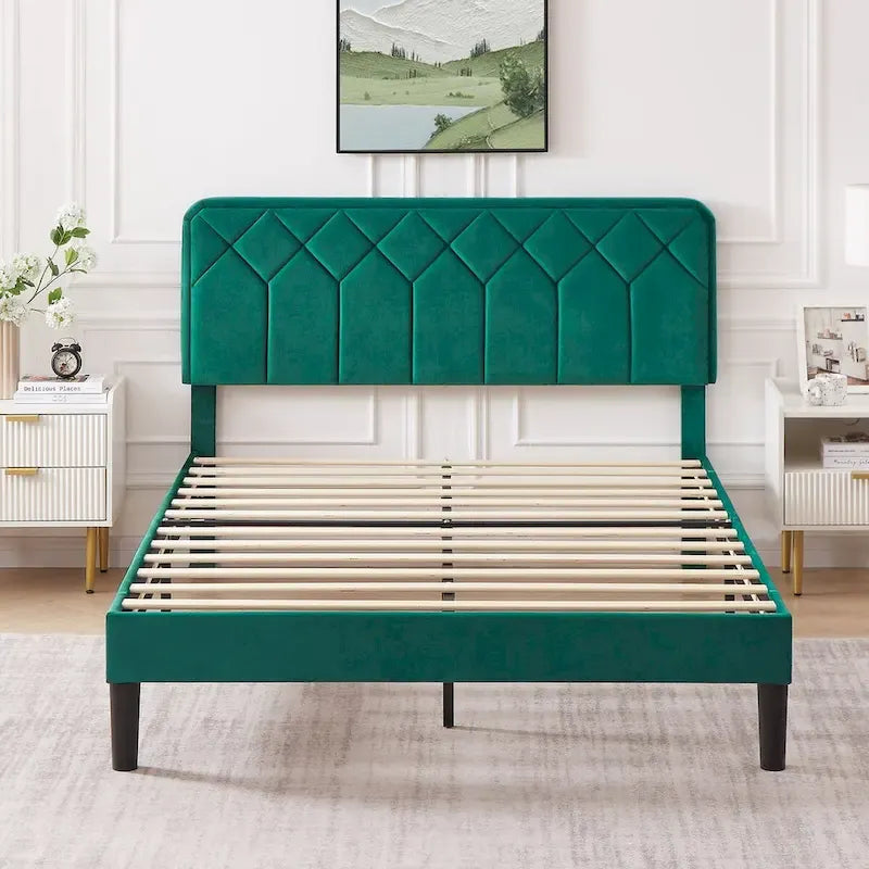 VECELO Upholstered Bed Frame with Adjustable Height Headboard, Twin/Full/Queen Size Beds, Dark Green