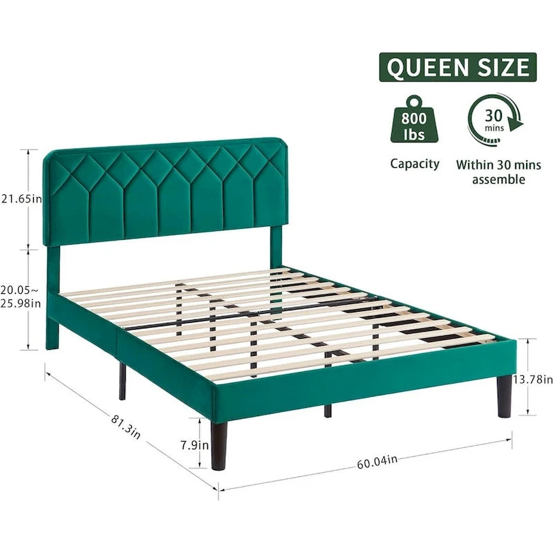 VECELO Upholstered Bed Frame with Adjustable Height Headboard, Twin/Full/Queen Size Beds, Dark Green