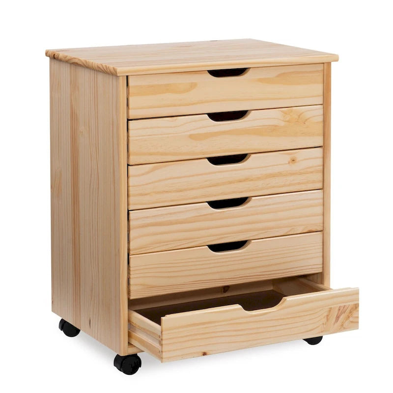 25.25 Natural Brown Wide Rolling Storage Cabinet with 6 Drawer