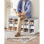 Wood Shoe Bench with Cushion, 15-Compartment Storage Organizer - 11.8D x 41.3W x 18.9H